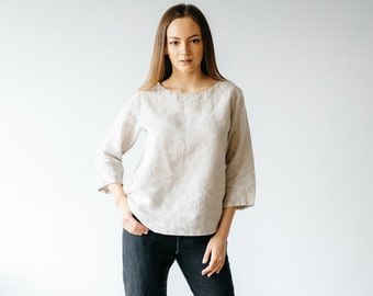 WOMENS LINEN TOP in natural grey color, natural linen blouse women, linen shirt women, white linen blouse whith 3/4 sleeve, casual blouse