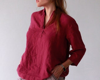 LOOSE SHIRT , plus size sirt, plus size clothing, collar shirt, v neck shirt, linen shirt handmade of 100% flax, pure linen clothing