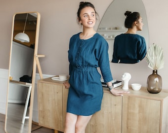 Llinen mini dress with sleeves and buttons. Elastic waist dress. Casual linen dress.