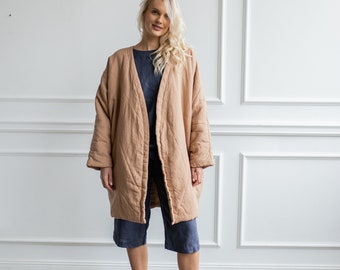 Linen cardigan for women - linen quilted cardigan with pockets - linen padded wrap blazer - linen oversize cardigan