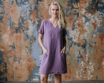 Linen split neckline dress with pockets - linen lavender dress