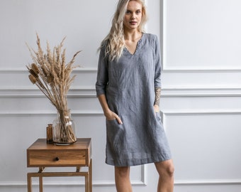 Linen dress with pockets - split neck dress - linen dress with 3/4 sleeve -linen gray dress - linen shift dress