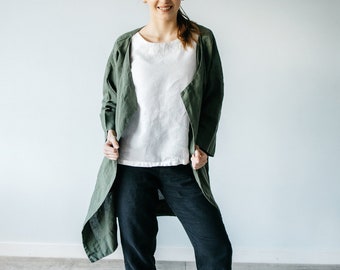 LINEN SUMMER JACKET in green, oversized jacket for women, long linen jacket loose fit.