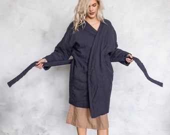 Linen robe coat with belt - linen winter robe - linen home robe - linen cozy robe with pocket - linen robe with long sleeve