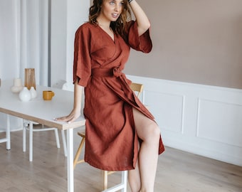 LINEN WRAP DRESS v neck dress, linen kimono dress in spice color with belt, midi dress for women