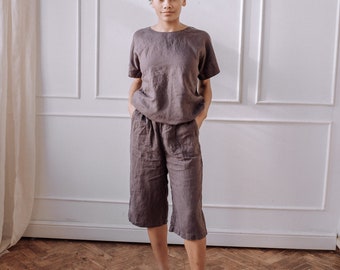 Leinenset Damenbekleidung, kurze Hose, Leinen-T-Shirt mit kurzen Ärmeln, Hose unterhalb des Knies