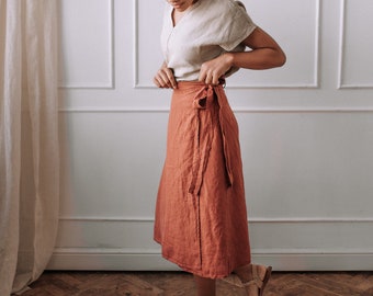 Linen A-line skirt with ties, linen wrap skirt, orange skirt midi.