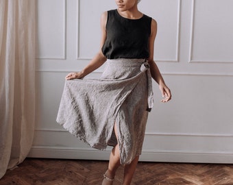 Tie-belt linen skirt with slit, below the knee skirt