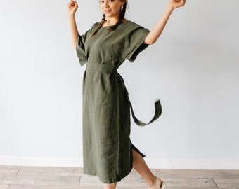 LINEN DRESS with long textile belt in green color, half sleeve dress, midi dress, casual dress, green dress, linen summer dress