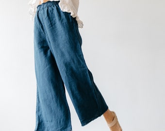 LINEN CULOTTES with raw edge and high waist, linen pants women, linen pants relaxed fit, soft linen loose culottes, gift for women