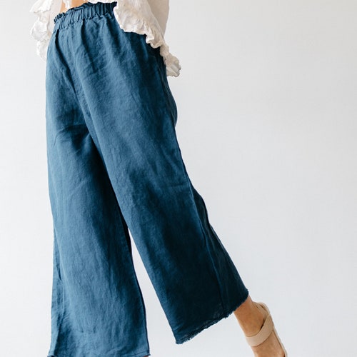 LINEN CULOTTES in blue with raw edge and high waist, linen pants women, linen pants relaxed fit, soft linen loose culottes, gift for women