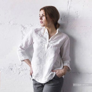 LINEN shirt LOOSE tunic , collar shirt oversize stone washed , 100% linen shirt , linen clothing , linen top plus size, oversized shirt