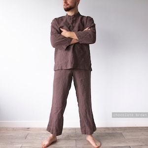 LINEN MEN'S PAJAMAS, linen mens pajama pants and linen pajama shirt, mens clothing, gifts for men, men shirt in brown