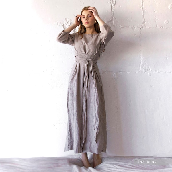 Belted Linen Midi Dress: Long Sleeve Loungewear with Pockets