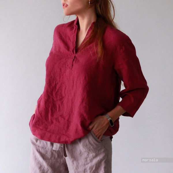 Oversized Linen Shirt: Handmade V-Neck Collar Top