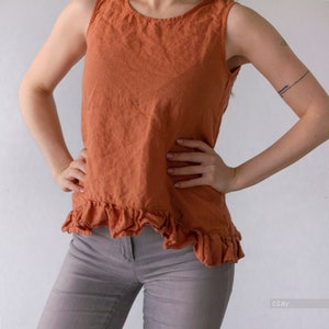 TOP CON VOLANTES, top ancho y suelto, tops de mujer, top corto sin mangas, tops personalizados, top de pijama, top de lino sin mangas, top holgado de lino de talla grande Lenoklinen