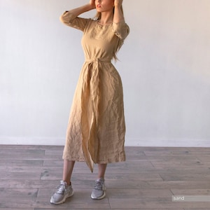 袖付きミディドレス、ベージュミディドレス、女性用ミディドレス、黒ミディドレス、リネンミディドレス、プラスサイズミディドレス、ピュアリネン、レノック