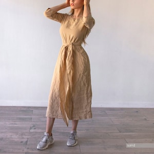 MIDI DRESS with sleeves, beige midi dress, midi dress for woman, black midi dress, linen midi dress, plus size midi dress, pure linen, Lenok