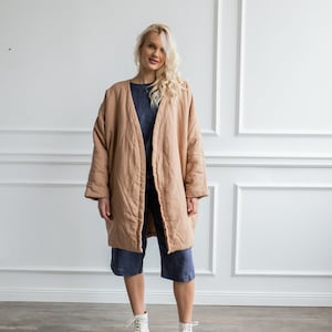 Linen cardigan for women - linen quilted cardigan with pockets - linen padded wrap blazer - linen oversize cardigan