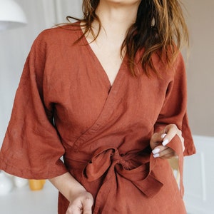 LINEN WRAP DRESS v neck dress, linen kimono dress in spice color with belt, midi dress for women image 5