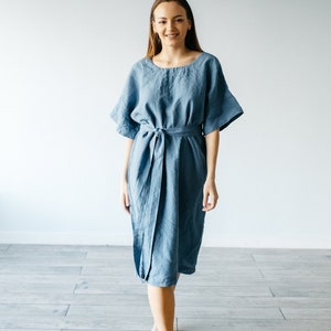 CASUAL LINEN DRESS in blue with V neck on back, organic summer dress with sleeves, comfortable linen summer clothes, womens linen dress image 6