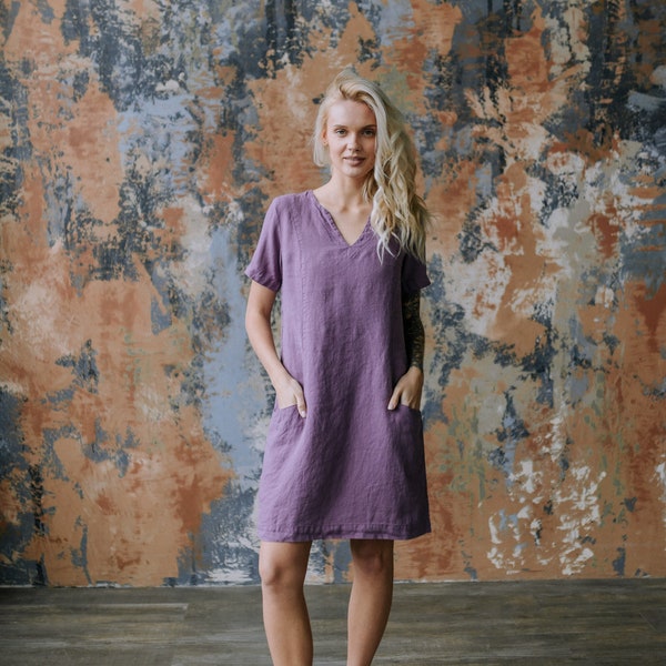 Linen split neckline dress with pockets - linen lavender dress