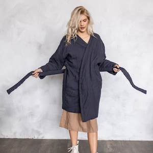 Linen robe coat with belt - linen winter robe - linen home robe - linen cozy robe with pocket - linen robe with long sleeve