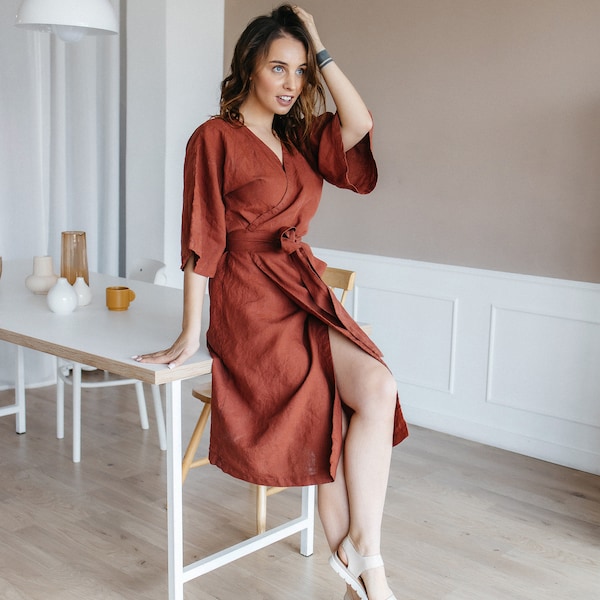 Robe cache-cœur en lin, robe kimono en lin de couleur épicée avec ceinture, robe midi pour femme