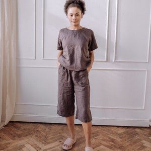 Linen Set womens clothing, cropped pants, linen T-shirt with short sleeves, below-the knee pants image 1