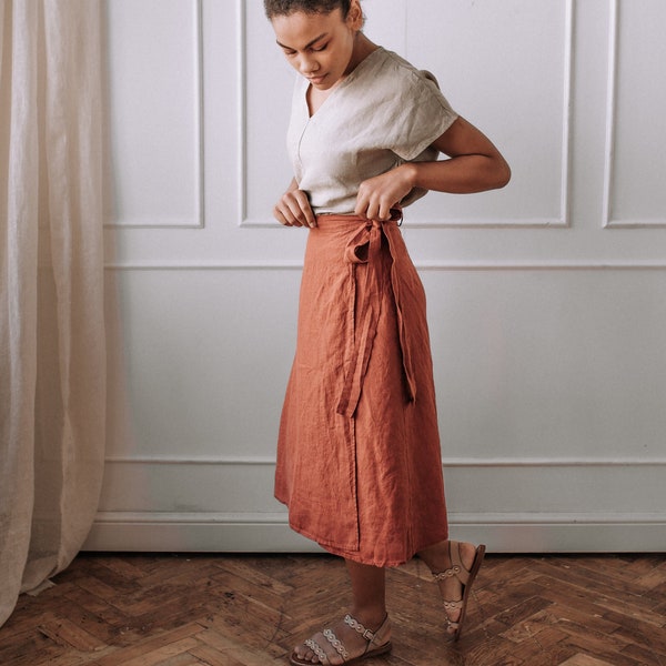 Linen A-line skirt with ties, linen wrap skirt, orange skirt midi.