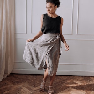 Tie-belt linen skirt with slit, below the knee skirt image 1