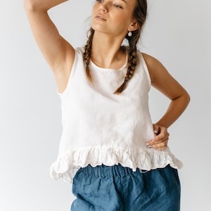 LINEN TANK TOP with ruffle edge, linen crop top, linen top, white top for women, linen sleeveless tops, white sleeveless shirt for women