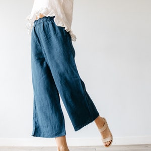 LINEN CULOTTES with raw edge and high waist, linen pants women, linen pants relaxed fit, soft linen loose culottes, gift for women zdjęcie 1