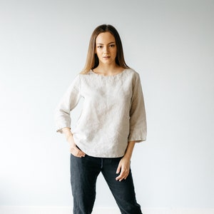 WOMENS LINEN TOP in natural grey color, natural linen blouse women, linen shirt women, white linen blouse whith 3/4 sleeve, casual blouse