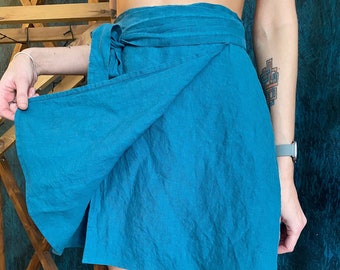 Linen Wrap Short Skirt,  linen belted skirt, mini skirt wrap, beach A-line skirt for women, linen summer skirt