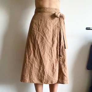 Linen Wrap Skirt, high waisted skirt, natural linen skirt for women, mid-calf skirt linen, linen circle skirt image 2