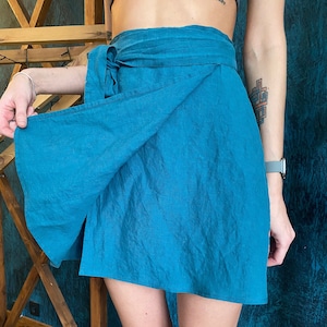 Linen Wrap Short Skirt,  linen belted skirt, mini skirt wrap, beach A-line skirt for women, linen summer skirt