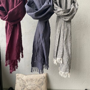 Linen Scarf Women, mens scarf, linen wrap, linen gift, softened linen scarf with fringe and finished hem in 31 colors. image 3