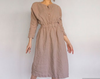 LINEN MIDI DRESS with sleeves, linen dress with buttons, day dress for women, travel dress