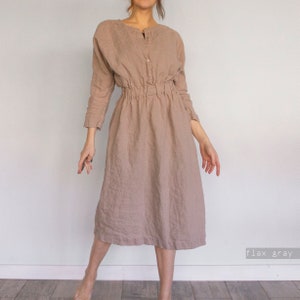 LINEN MIDI DRESS with sleeves, linen dress with buttons, day dress for women, travel dress