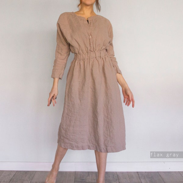 LINEN MIDI DRESS with sleeves, linen dress with buttons, day dress for women, travel dress