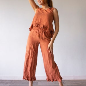 LINEN LEDIES PAJAMAS, linen pajamas for women, womens pajama sleeveless , linen pajama top ruffle and linen pajama pants, custom pajamas