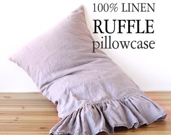 Linen PILLOW CASE with RUFFLES on one side StoneWashed Soft Queen linen pillowcase, King pillow sham Square pillowcase Lumbar Body pillow