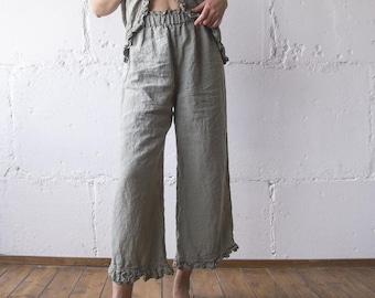 LINEN PANT RUFFLE , linen pants , linen clothing , linen woman clothing , linen pant s m l xl xxl oversize , 100% linen loose pants Len.Ok