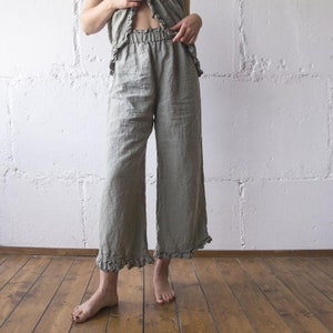 LINEN PANT RUFFLE , linen pants , linen clothing , linen woman clothing , linen pant s m l xl xxl oversize , 100% linen loose pants Len.Ok