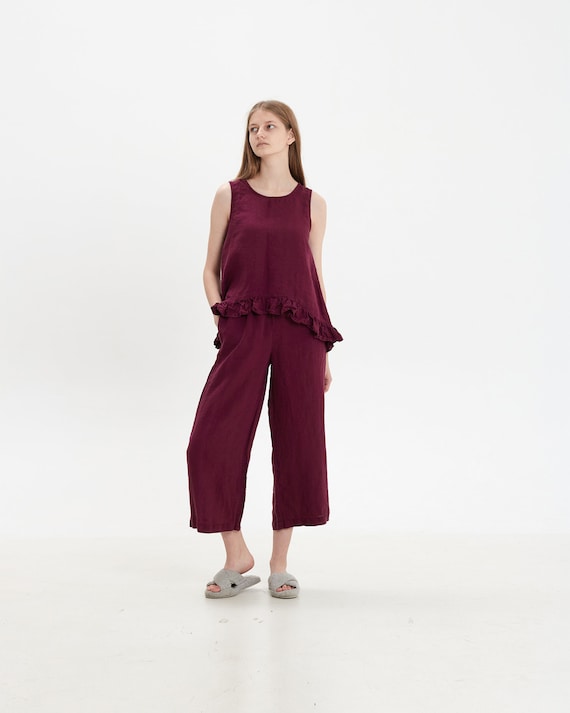 Linen Pajama Set: Sleeveless Ruffle Top & Capri Pants