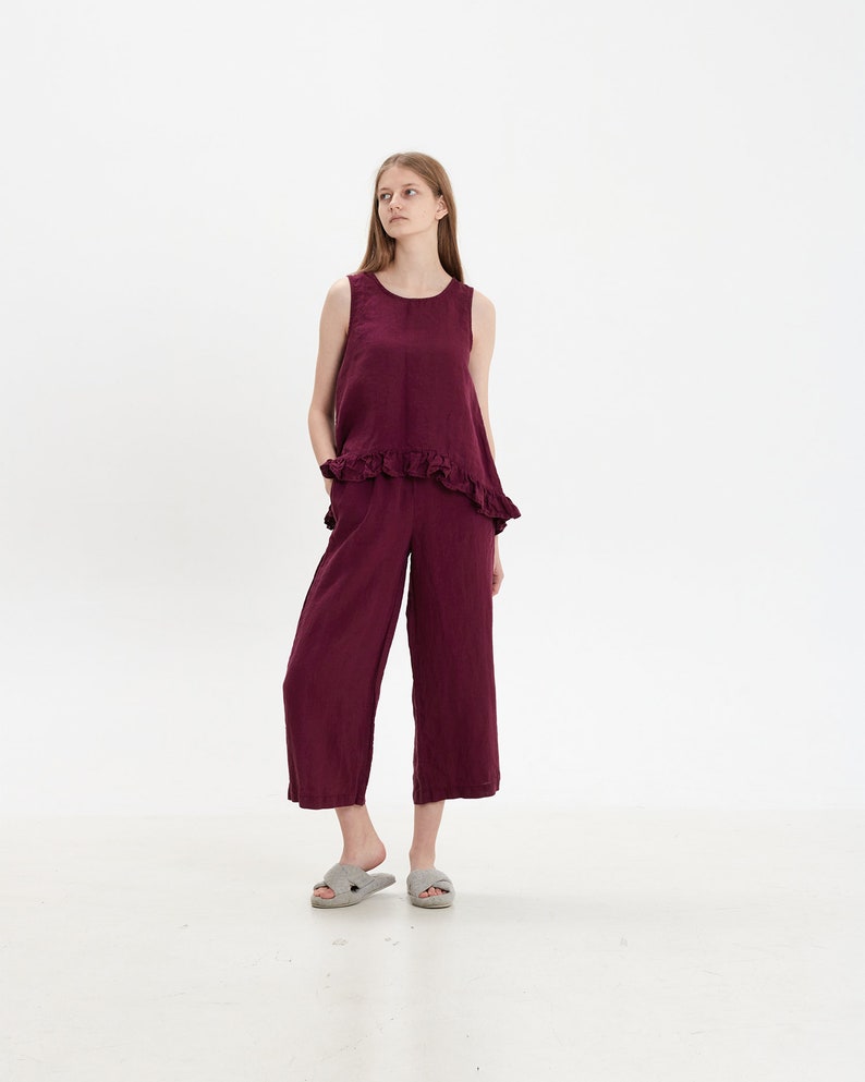 Linen Pajama Set: Sleeveless Ruffle Top & Capri Pants image 1