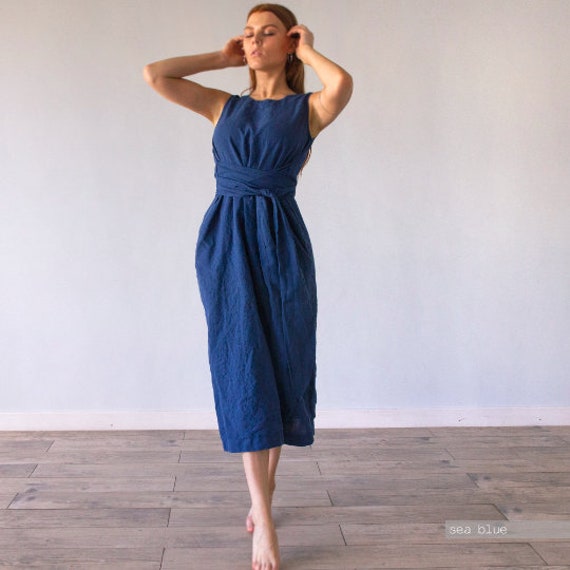 SLEEVELESS DRESS 100% Linen With a Wide Belt, Linen Summer