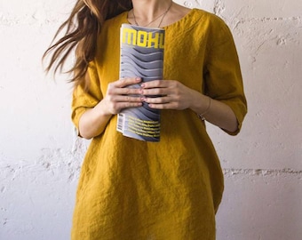 Linen Tunic Dress: Short Sleeve, Oversized Fit, with Pockets