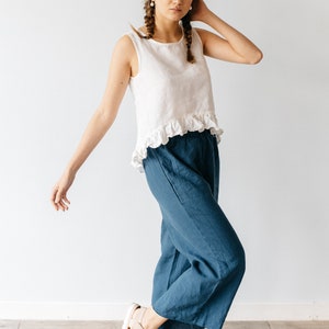 LINEN CULOTTES with raw edge and high waist, linen pants women, linen pants relaxed fit, soft linen loose culottes, gift for women zdjęcie 8